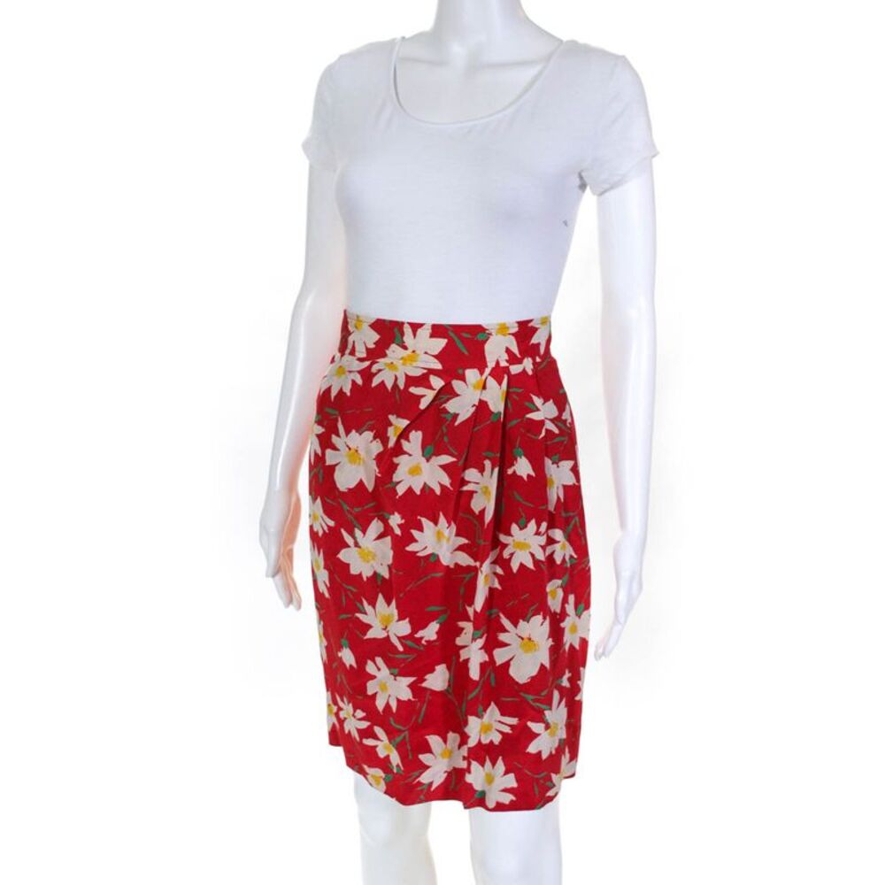 Ungaro Womens Floral Mini Pencil Skirt Red Silk Size 4 LL19LL - Picture 2 of 5
